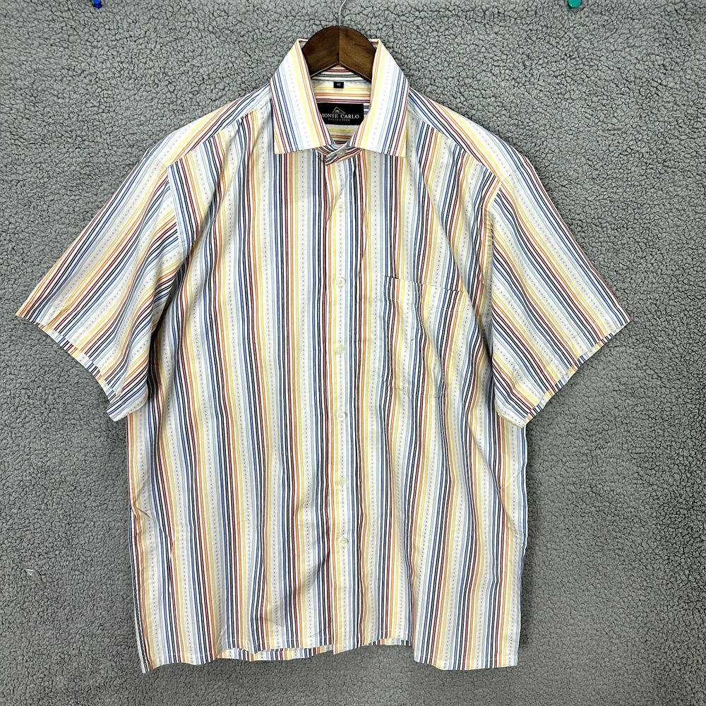 Monte Carlo Button Up Shirt Men 42 Rainbow Striped Short Sleeve Retro Rockabilly
